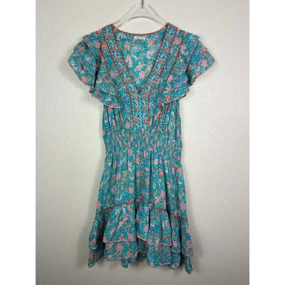 Poupette St. Barth Camila Ruffled Mini Dress Teal Sz Small - Picture 2 of 7